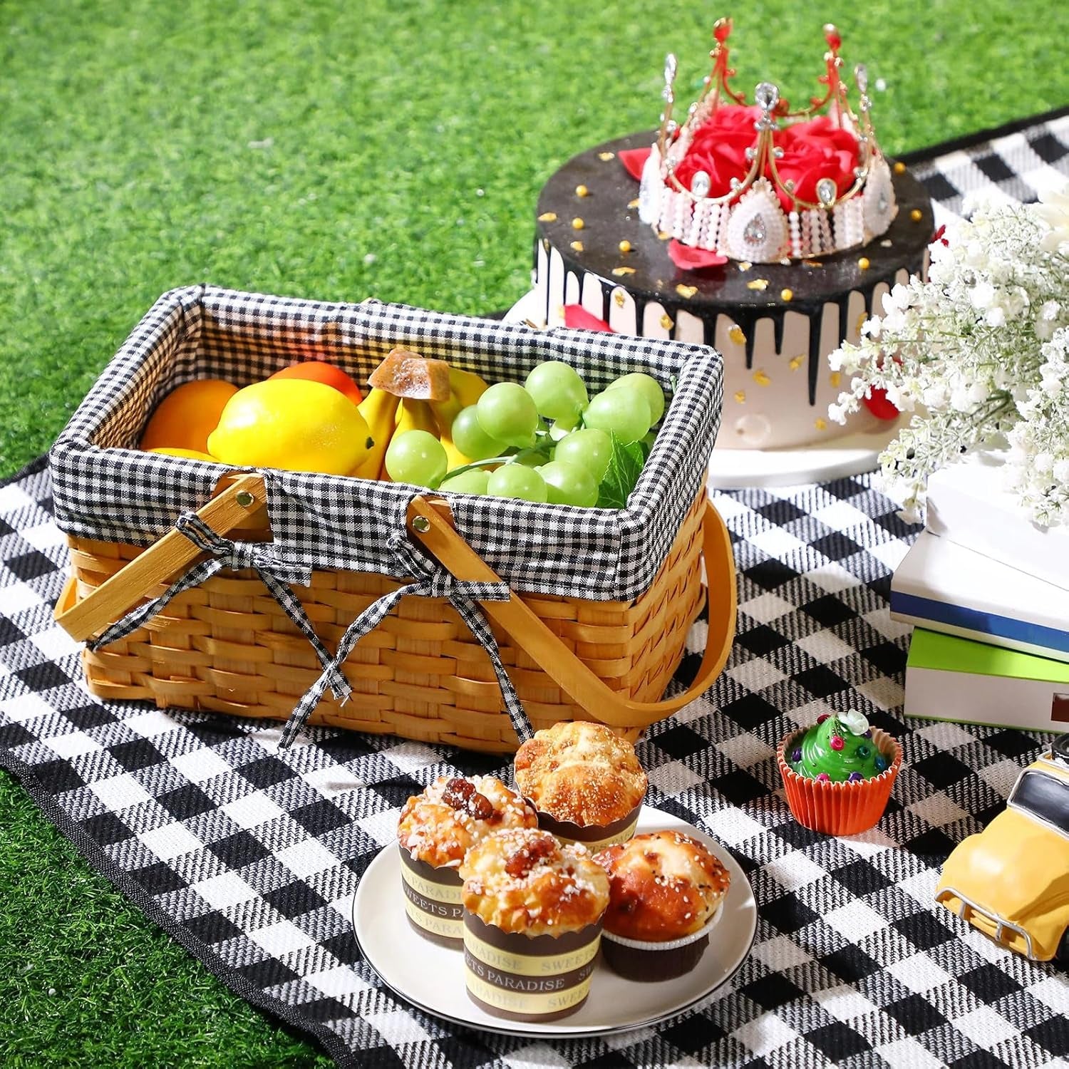 Picnic Basket Natural Woven Woodchip Basket with Double Folding Handles with Gingham Fabric, Picnic Blanket Handy Picnic Mat for Easter Camping on Grass Supplies (Black and White Grid)
