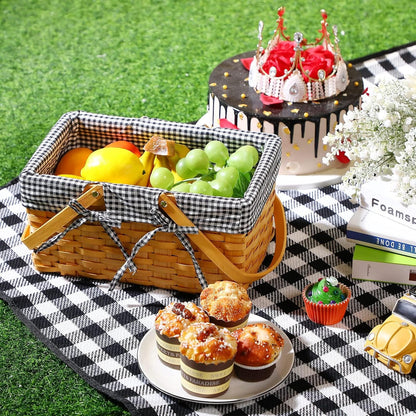 Picnic Basket Natural Woven Woodchip Basket with Double Folding Handles with Gingham Fabric, Picnic Blanket Handy Picnic Mat for Easter Camping on Grass Supplies (Black and White Grid)