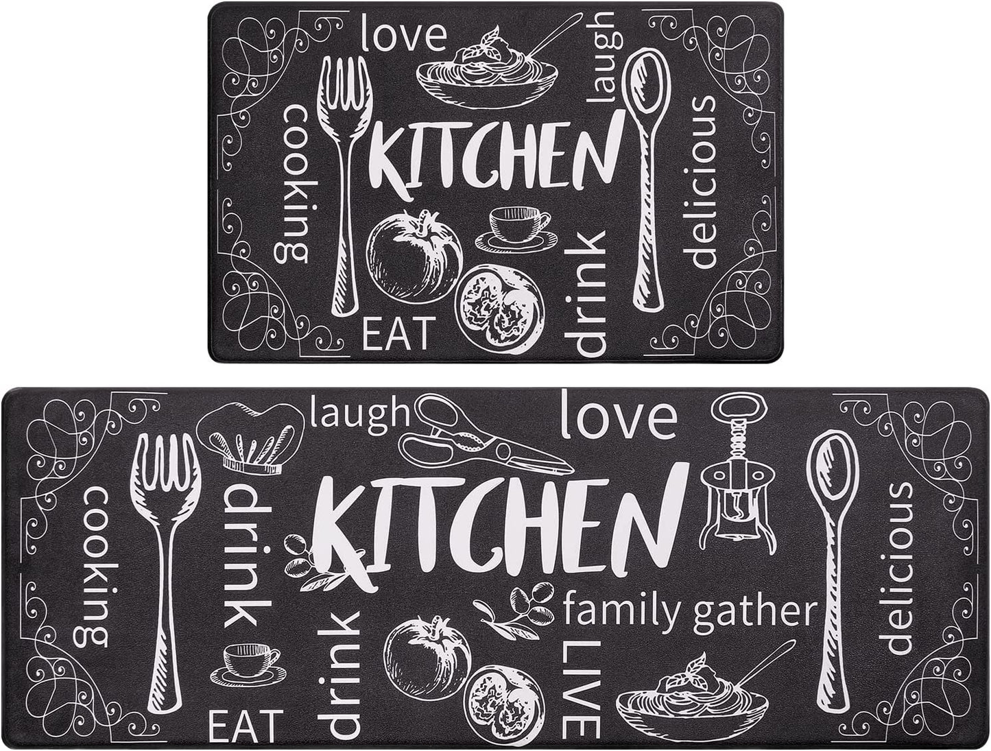 anti Fatigue Kitchen Mat Set of 2 Non Slip Thick Cushioned Kitchen Rug Sets with Runner 17"X48"+17"X28" Heavy Duty Comfort Standing Mats Waterproof Kitchen Carpet