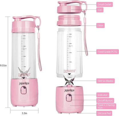 Portable Blender, Personal Size Blender for Shakes and Smoothies, 4000Mah Rechargeable Mini Travel Blender with 3D Six Blades, 13.5Oz Fruit Mixer Cup for Home, Sports, Outdoor (Pink)