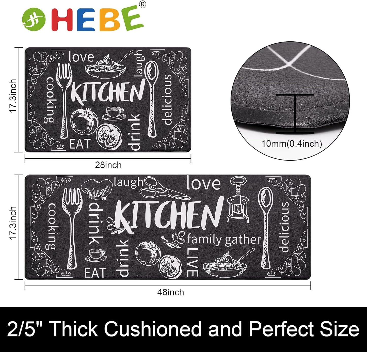 anti Fatigue Kitchen Mat Set of 2 Non Slip Thick Cushioned Kitchen Rug Sets with Runner 17"X48"+17"X28" Heavy Duty Comfort Standing Mats Waterproof Kitchen Carpet