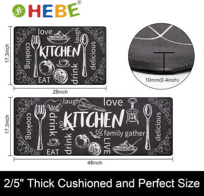 anti Fatigue Kitchen Mat Set of 2 Non Slip Thick Cushioned Kitchen Rug Sets with Runner 17"X48"+17"X28" Heavy Duty Comfort Standing Mats Waterproof Kitchen Carpet
