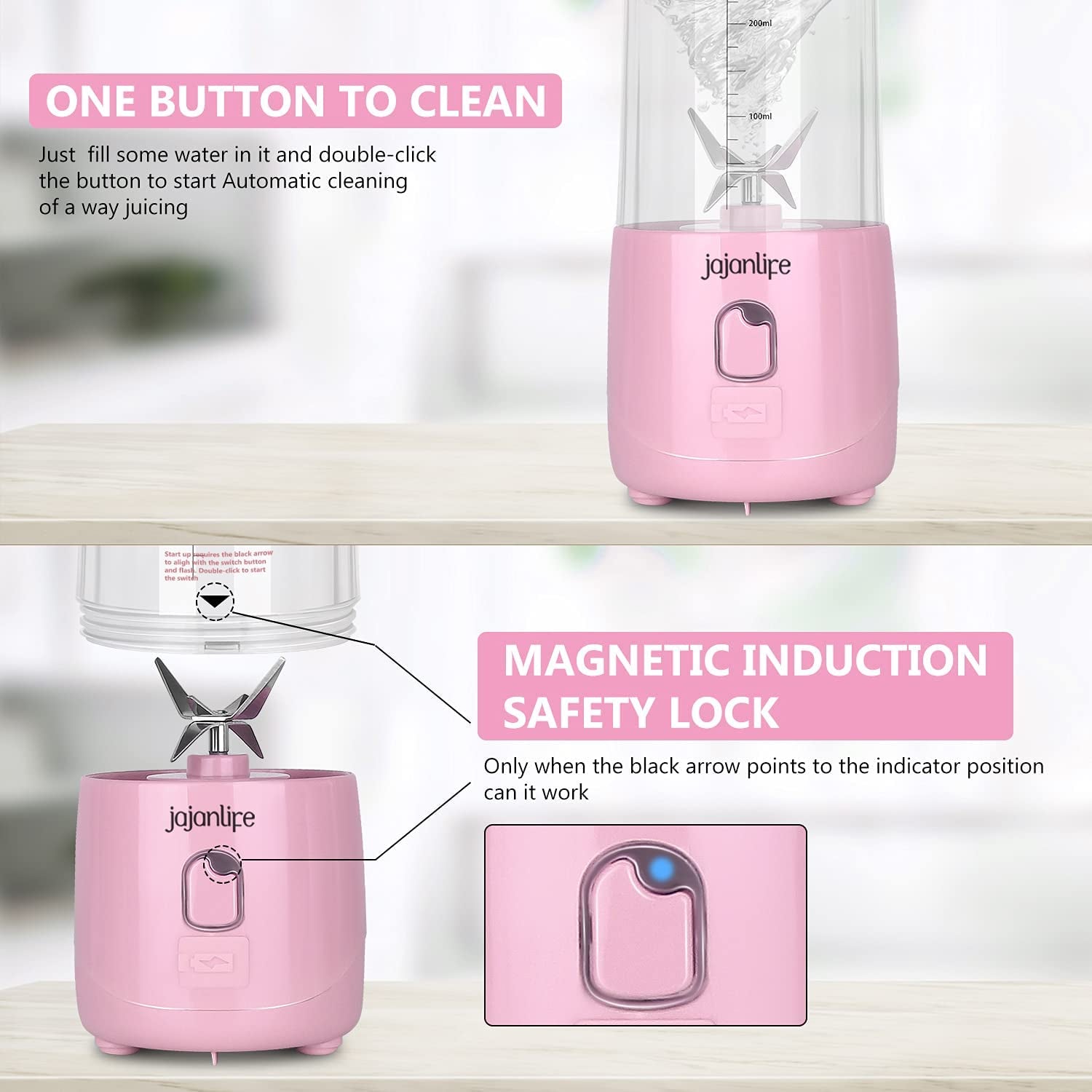 Portable Blender, Personal Size Blender for Shakes and Smoothies, 4000Mah Rechargeable Mini Travel Blender with 3D Six Blades, 13.5Oz Fruit Mixer Cup for Home, Sports, Outdoor (Pink)